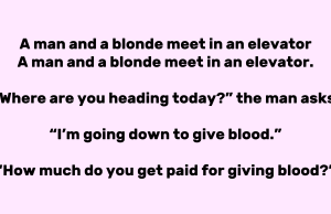 A man and a blonde meet in an elevator
