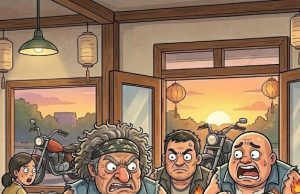 An old man was eating at a truck stop when three rough-looking bikers walked in.