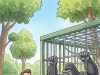 A married couple at a Zoo walk past a gorilla enclosure.