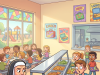 The children were lined up in the cafeteria of a Catholic elementary school for lunch.