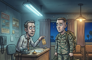 By the time a Marine pulled into a little town, every hotel room was taken.