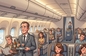 A lawyer boards a plane and takes his seat in business class.