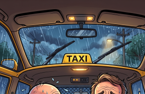A priest is taking a cab home from church